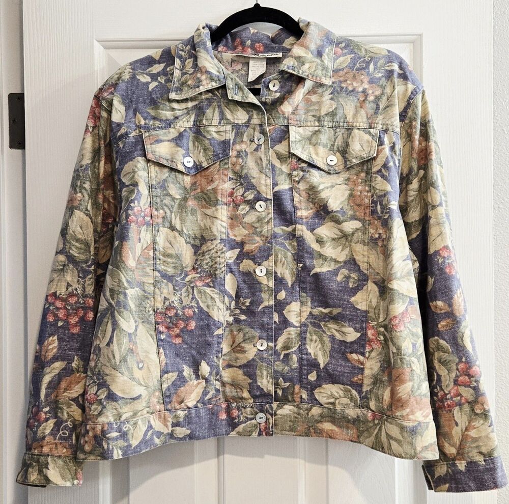 Vintage Norm Thompson Floral Denim Jacket L XL Cotton Cottagecore Tapestry Berry